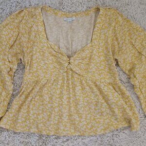 American Eagle Womens Yellow Floral Long Sleeve Peasant Top Sz L Boho Ruched Y2K